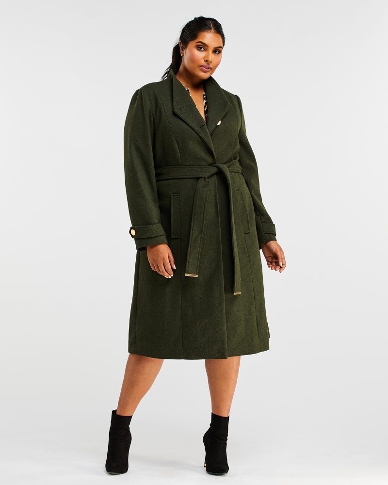 Front of a model wearing a size 1X Ranger Coat in Khaki by Estelle. | dia_product_style_image_id:234943